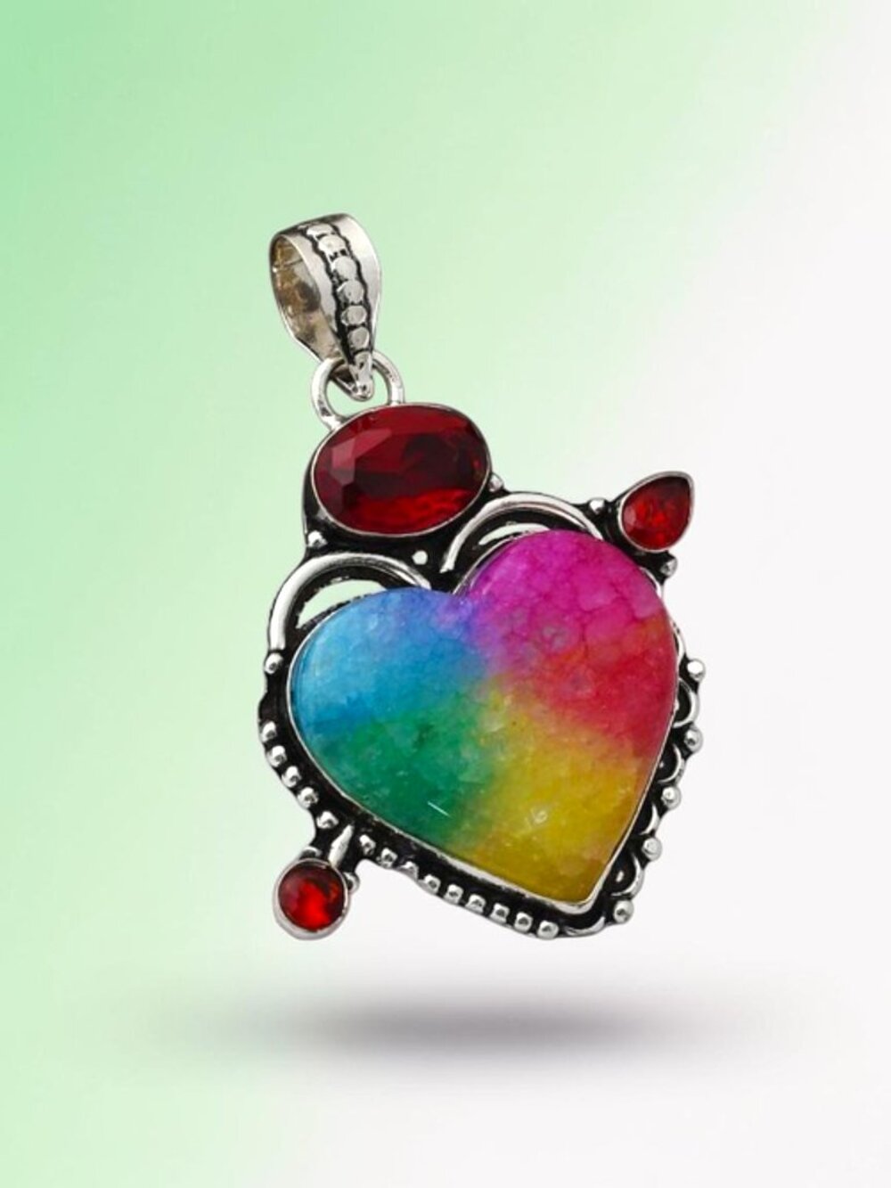 Rainbow Solar Quartz Garnet Gemstone Heart Pendant 2.4"